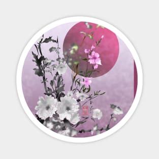 sumiE flowers and a big pink moon Magnet